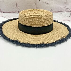American Hat Makers Womens Natural Straw Frayed Edge Sun Hat Tan Black 54-55 cm
